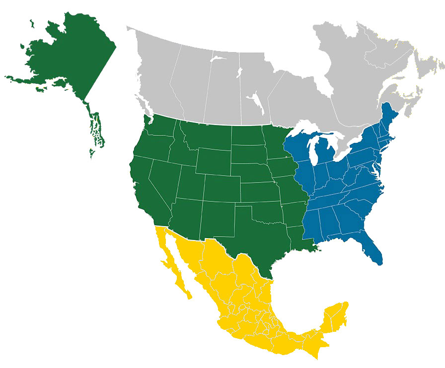 Sales rep map of North America. Individual territories are specified below as well.